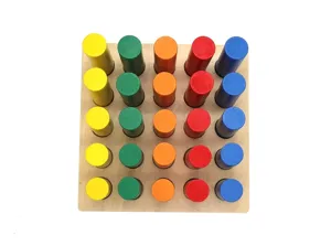 Montessori wooden sensory cylinder toy detail, color and height cognitive learning aid.