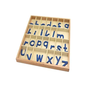 Montessori wooden alphabet box with blue lowercase letters for early childhood education.