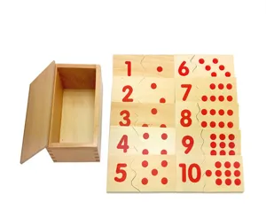 Montessori wooden number puzzle toy detail showing counting dots and storage box.