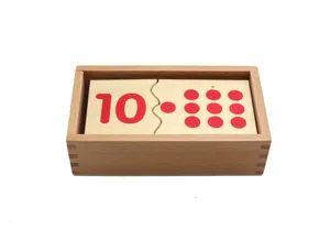 Detailed view of wooden Montessori math puzzle board with number ten and red counting dots.
