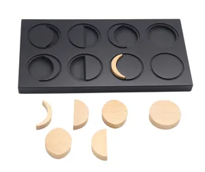 Montessori wooden moon phases toy detailed shot showing wooden pieces and base board educational.