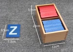 Montessori wooden box dimension detail showing card size and storage box measurements.