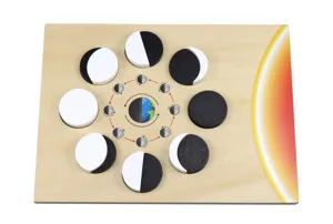 Wooden moon phase puzzle detail, educational Montessori toy for kids learning astronomy science.