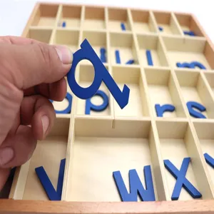 Montessori wooden movable alphabet box with blue letters for early childhood education toys.