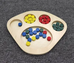 Montessori wooden sorting tray toy for toddlers, early childhood educational color matching toy detail view.