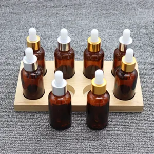Montessori sensory taste training dropper bottles set with wooden display base for kids early education learning.