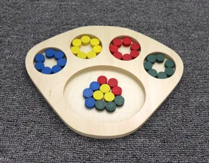 Detail view of the wooden sorting tray with colorful discs, showcasing fine craftsmanship.