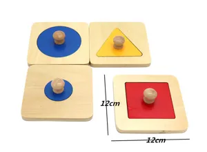 Wooden shape sorting puzzle board detail, geometric cognitive Montessori toy with knobs.