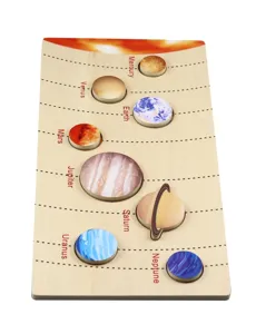 Detailed view of the wooden solar system puzzle board featuring eight planets and labels.