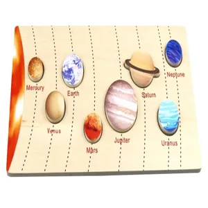 Wooden solar system puzzle for kids, educational cognitive toy showing eight planets clearly.