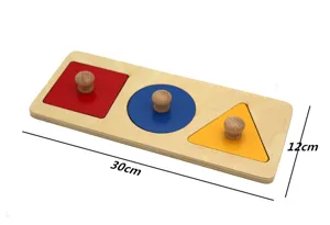 Detail view of the wooden shape sorting puzzle with red square, blue circle, and yellow triangle.