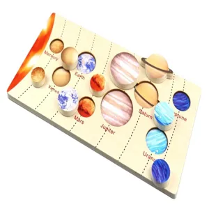 Detailed close-up view of wooden solar system matching puzzle board for kids early education.