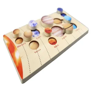 Detailed view of wooden solar system puzzle board with planet pieces for kids early education.
