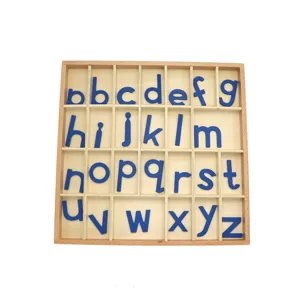 Montessori wooden movable alphabet box with blue lowercase letters for early learning.