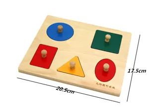 Wooden geometric shape sorting puzzle board detail showing dimensions and pieces.