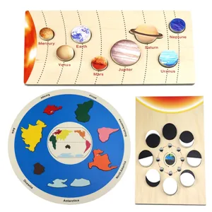 Children's Solar System Eight Planets Seven Continents Moon Phase Cognitive Wooden Puzzle Educational Montessori Toy For Kids Early Learning