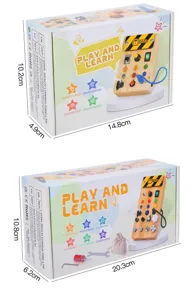 Kids wooden busy board with switch circuits and sensory components for early learning development.