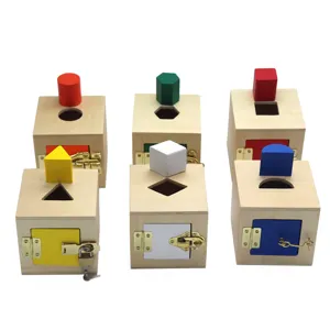 Montessori wooden lock box educational toy for kids, shape sorting matching block game set.