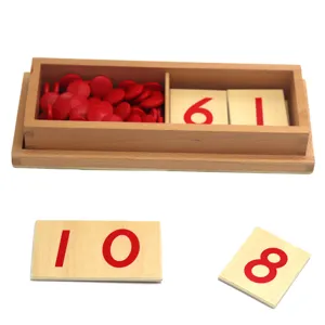 Montessori wooden math toy set with red counters and number tiles for early education.