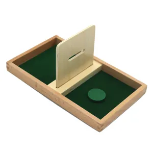 Montessori wooden coin drop box educational toy, early learning shape sorting puzzle tray.