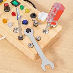 Wooden busy board sensory toy for kids with switches lights and tools for early learning skill.