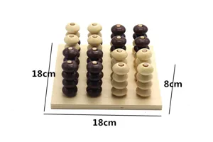 Wooden 3D gravity connect four game detail view, showing product dimensions and wooden bead pieces.