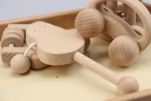 Wooden baby rattle and toy car set, natural wood infant early education soothing toys for kids.
