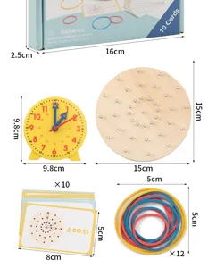 Kids educational wooden clock toy set with pegboard, time cards and rubber bands for learning.