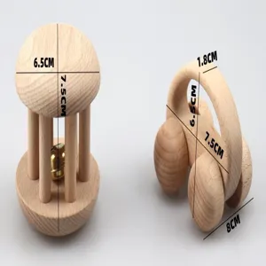 Wooden baby rattle and toy car set, natural wood infant toys for kids early learning play.