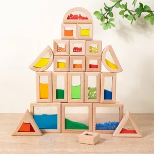 Montessori Educational Translucent Quicksand Building Blocks Rainbow Color Wooden Sensory Toys For Toddlers