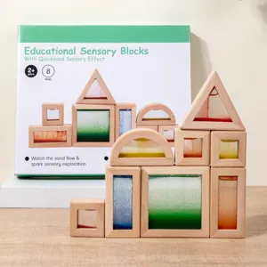 Educational wooden sensory blocks with colorful quicksand design, Montessori toy for kids.