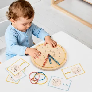 Wooden clock geoboard toy for kids, montessori educational time learning puzzle set.