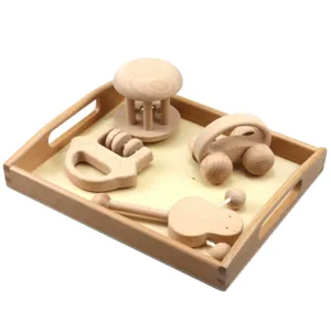Natural solid wood baby rattle toy set early education wooden car infant soothing sensory aids