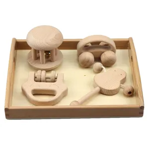 Wooden baby rattle set early educational montessori toys natural wood infant soothing toys