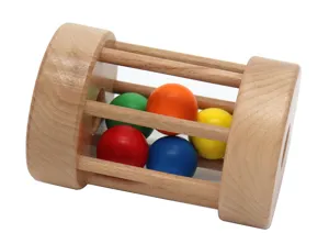 Wooden rolling drum detail view, colorful balls inside, early educational baby toy.