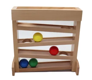 Wooden Montessori ball drop toy visual tracker with multi-layer tracks and colorful balls for kids.