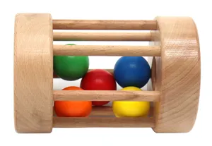 Wooden Montessori rolling drum toy with colorful balls for baby early education training.