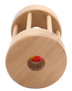 Wooden rolling drum infant early education toy detail, natural wood Montessori sensory rattle.