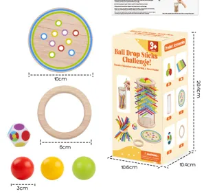 Wooden ball drop sticks challenge game set with board, rings, dice, balls and packaging box.