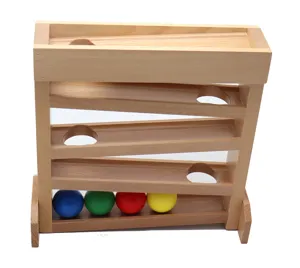 Detailed close-up of wooden Montessori rolling ball track toy with colorful wooden balls.