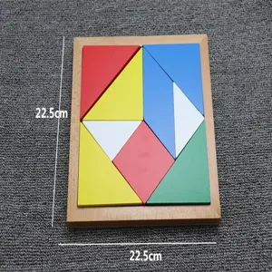 Wooden tangram puzzle detail, colorful geometric shape blocks on natural wood board.