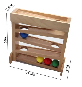 Montessori wooden rolling ball tracking toy detail view showing multi-layer ramp and colorful balls.