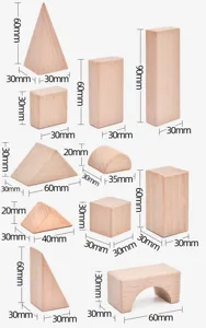 Blocs de construction géométriques en hêtre naturel gros particules jouets éducatifs tailles.