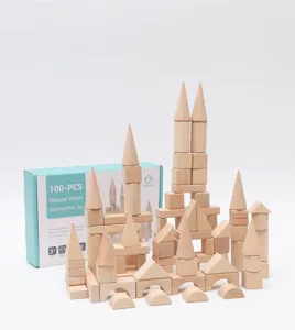 Blocs emplables en bois naturel pour enfants, ensemble de blocs de château 100pcs