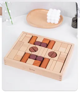 Beechwood wooden building blocks set, Montessori educational toys for toddlers and infants.