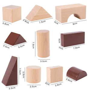 Detailed view of natural beech wood building blocks with precise size measurements shown.