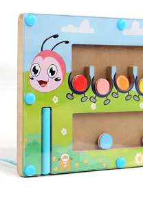 Wooden caterpillar fine motor skills puzzle toy detail with colorful beads and acrylic cover.