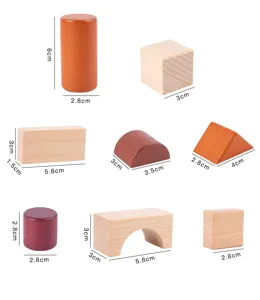 Wooden building blocks size details, various geometric shapes and metric dimensions displayed.
