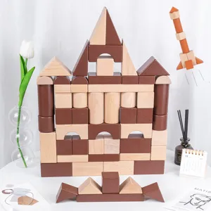 Natural beech wood building blocks set, kids educational castle construction toy for early learning.