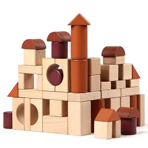 Natural beech wooden building blocks set, early educational toys for toddlers and kids.
